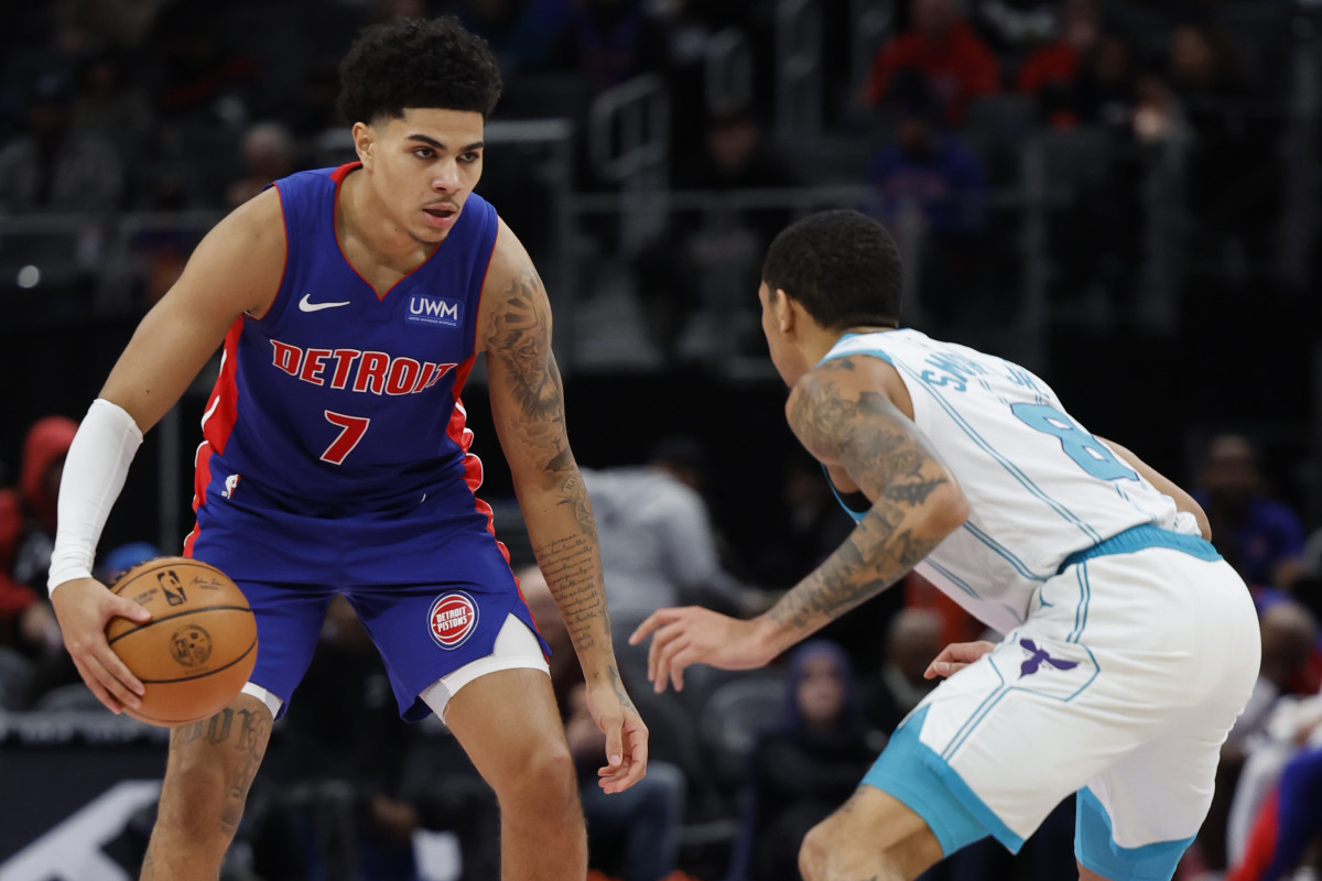 Jan 24, 2024; Detroit, Michigan, USA; Detroit Pistons guard Killian Hayes (7) dribbles defended by Charlotte Hornets guard Nick Smith Jr. (8) in the first half at Little Caesars Arena. Mandatory Credit: Rick Osentoski-USA TODAY Sports